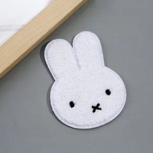White fluffy rabbit plush patch DIY clothing accessory cute cartoon embroidered applique badge.