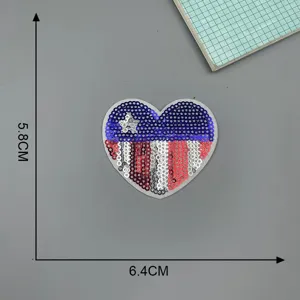 American flag heart shaped sequin patch for clothing, sparkling embroidered badge appliques.
