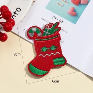 Christmas stocking embroidered patch detailed view showing size and festive design elements