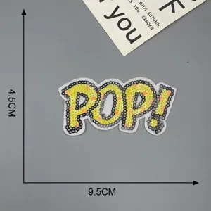 Toppa con lettere POP in paillettes gialle per decorazione vestiti borsa ricamo fai da te.