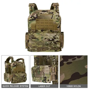 Tactical vest detail showing quick release system, laser cut molle webbing, and durable nylon fabric.