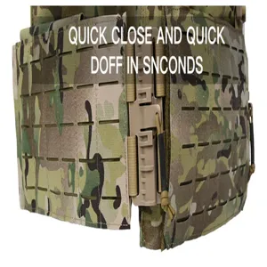 Detailed view of 1000D nylon tactical vest quick release buckle and MOLLE webbing system.