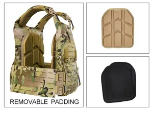 Tactical vest detail featuring nylon fabric, quick-release buckles and removable pads.