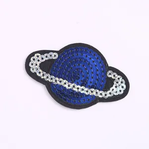 Patch brode de paillettes planete bleue, ecusson Saturne brillant pour vetements.