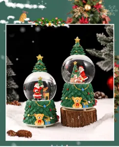Christmas tree snow globe desktop resin ornament holiday home decor gift with cute bear.