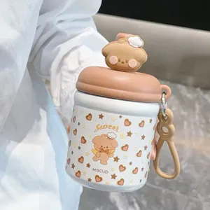 Cute cartoon bear thermal water cup portable stainless steel flask with silicone lid detail view