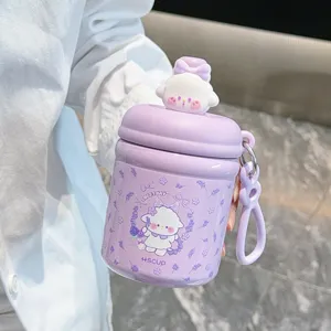 Purple portable 316 insulated water bottle detail view showing cute cartoon lid and cute pattern.