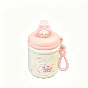 Cute pink stainless steel thermos water cup with rabbit lid, portable student vacuum flask.
