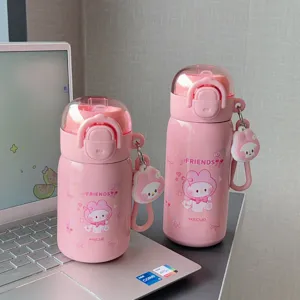 Pink cute cartoon insulated water bottle with straw and strap for kids and students daily use.