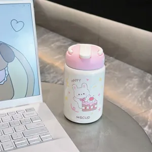 Cute portable insulated water bottle with cartoon rabbit design for kids and students daily use.