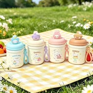 Kids Stainless Steel Thermos Cup Portable Cute Cartoon Vacuum Flask With Lanyard Insulated Water Bottle For Students