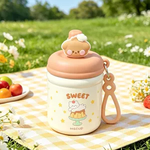 Cute cartoon kids thermos bottle with 316 stainless steel, lovely bear lid and portable ring.