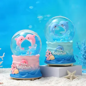 Lindo Delfín Sirena Bola de Nieve Caja de Música Luminoso Resina Artesanía Escritorio Ornamento Regalo de Cumpleaños Para Niños
