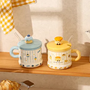 Cute ceramic mug with lid and straw, creative 3D cartoon design for kids and home use.