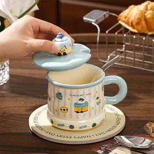 Cute ceramic coffee mug with blueberry cake lid and straw, perfect for daily use.