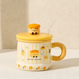 Cute ceramic mug with cute pancake lid and straw, perfect gift for students and home use.
