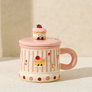 Cute strawberry cake ceramic mug with lid and straw, perfect gift for kids, students, and home use.