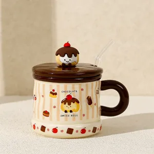 Ceramic cute chocolate swiss roll pattern coffee mug with lid and glass straw for daily use.