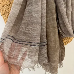 Lightweight linen scarf with retro stripes and fringe, breathable summer shawl for women.