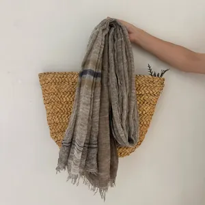 Lightweight striped scarf for women, breathable retro literary style shawl with tassel edge details.