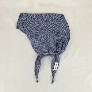 Blue white houndstooth diamond scarf detail, cotton linen material, elegant neckerchief.