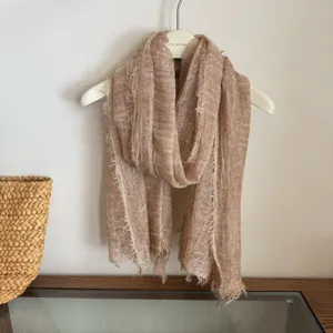 Close-up of lightweight fringed scarf detail, soft texture and delicate edges for daily wear.