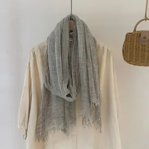 Retro literary striped contrast color scarf, lightweight wrinkled shawl for daily wear.