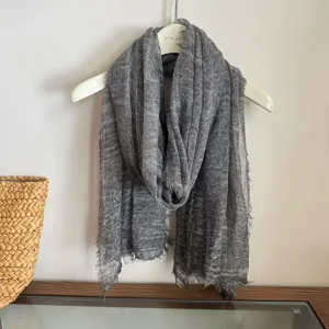 Grey lightweight breathable scarf with tassels, stylish and soft for women daily wear.