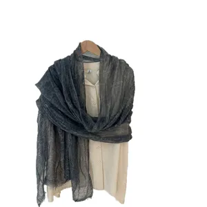 Dark grey crinkled shawl scarf for women, lightweight gold thread tassel design for travel.