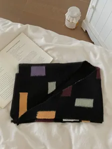 Cozy color block knitted large shawl for women, autumn and winter stylish triangular scarf.