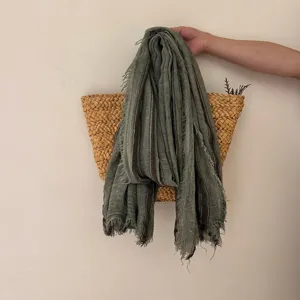 Casual retro striped linen scarf with frayed edges, lightweight breathable autumn shawl for women.