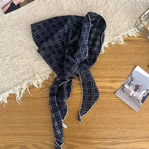 Retro plaid triangle scarf with scalloped white edges, versatile chic neck warmer for women.
