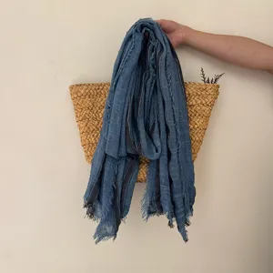 Blue linen fringe scarf with retro stripes, lightweight breathable autumn shawl detail view.