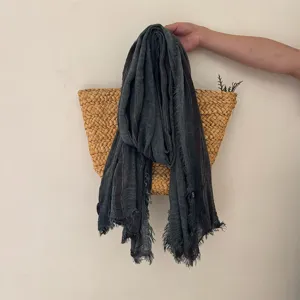Casual retro striped cotton linen scarf with frayed edge, lightweight and breathable.