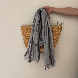 Casual retro striped raw edge cotton linen scarf for women, lightweight breathable shawl.