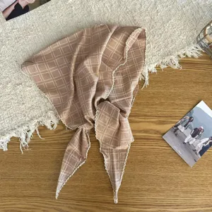 Retro plaid triangular scarf for women, stylish curved lace edge woven headscarf for daily wear.