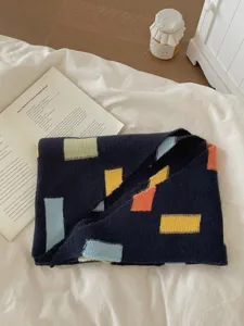 Color-blocked knitted shawl for women, autumn and winter cozy geometric design scarf.