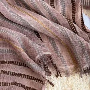 Detailed shot of a vintage style striped pleated headscarf fabric with unique texture.