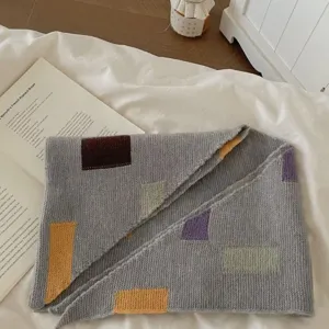 Grey knitted color block shawl scarf for women, cozy winter triangle neckerchief, soft texture.