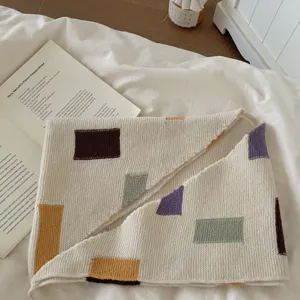 Relaxed color block knitted triangular scarf for women, cozy autumn winter neck shawl.