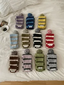 Cozy winter striped fuzzy scarf with pom-pom cute knitted neck warmer soft plush accessory