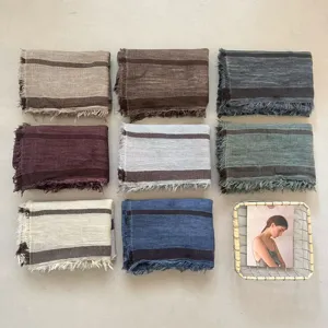 Retro Striped Polyester Scarf Women Lightweight Tassels Long Neck Scarf Casual Travel Fashion Shawl Wrap
