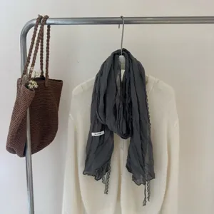 Women Lightweight Pleated Scarf Solid Color Lace Trim Long Shawl Versatile Thin Neck Scarf Fashion Accessories
