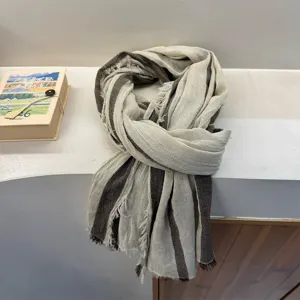 Vintage striped cotton linen thin scarf detail view, casual style fashion neck accessory.