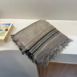 Boho striped fringe scarf for women, lightweight cotton linen shawl for autumn and winter travel.