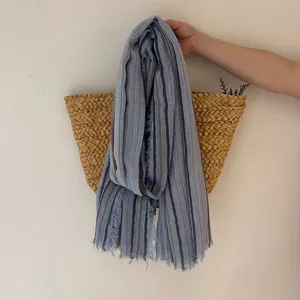 Vue détaillée d'une écharpe rétro à rayures bleues avec franges, suspendue sur un sac.