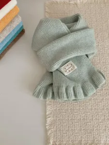 Mint green knit scarf with ruffle edge, cozy winter warm fashion neck warmer for women detail