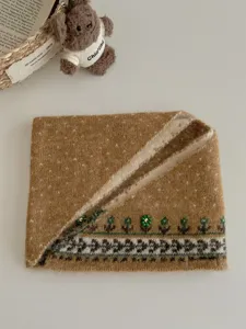 Cozy Fair Isle knitted neck warmer with handmade beaded flower and jacquard patterns.