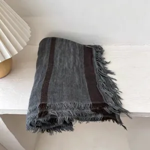 Retro striped cotton linen scarf for women, lightweight casual fringe neckerchief accessory.