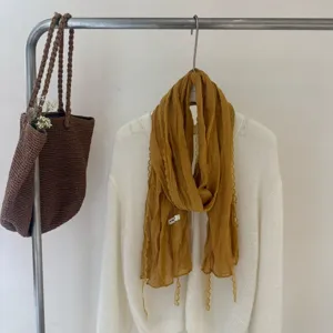Spring summer Korean style pleated thin mustard yellow scarf with delicate lace edge.